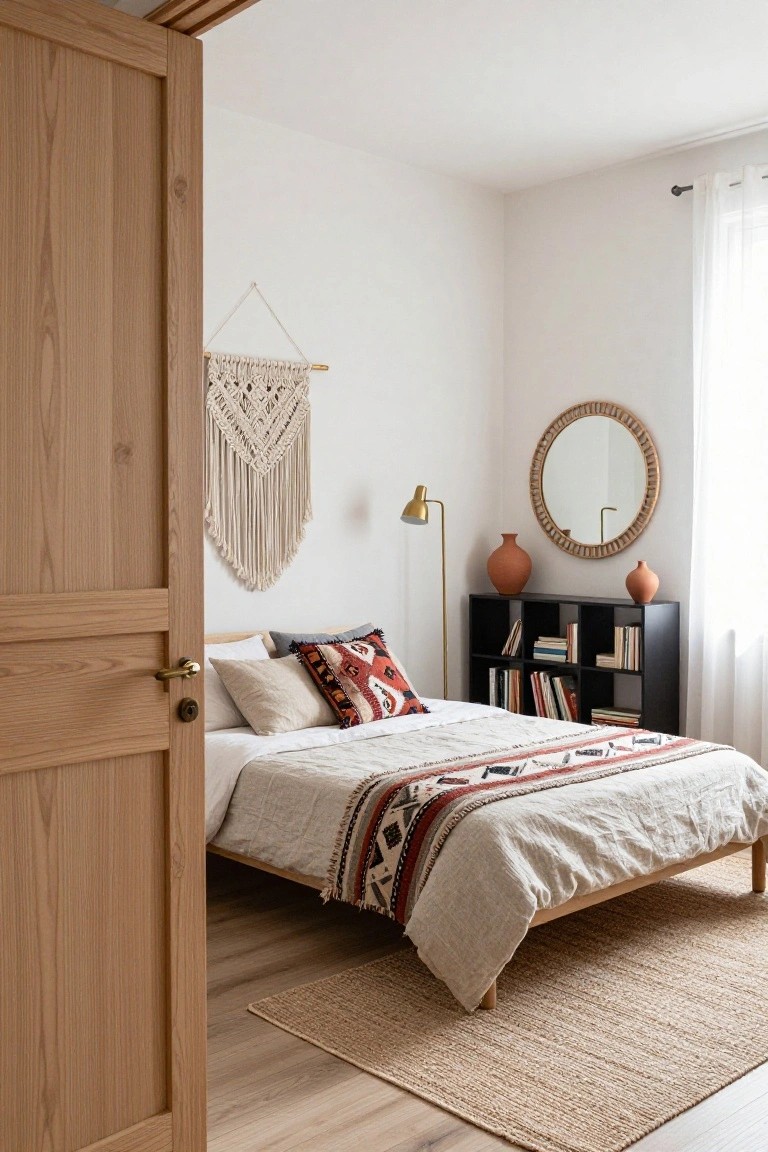 A light wood door stands open into a bedroom with a wooden bed frame, neutral bedding, and a macrame wall hanging.