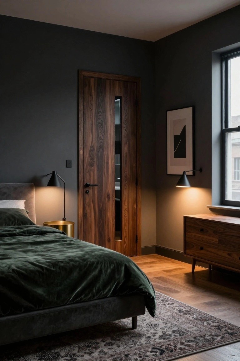 A dark bedroom with a tall wooden door that has a narrow vertical glass panel, positioned beside a bed with green velvet bedding.