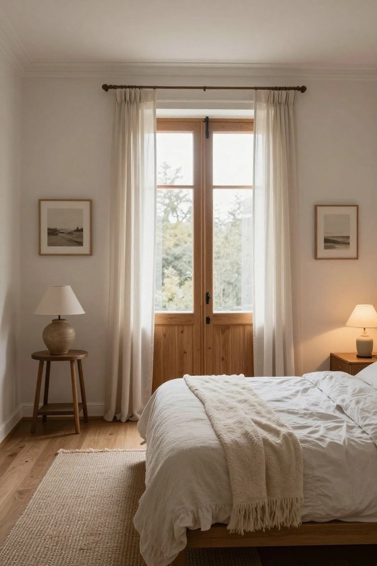 A bedroom with wooden French doors centered between white curtains, a bed with white bedding in the foreground, and wooden nightstands holding lamps on either side.