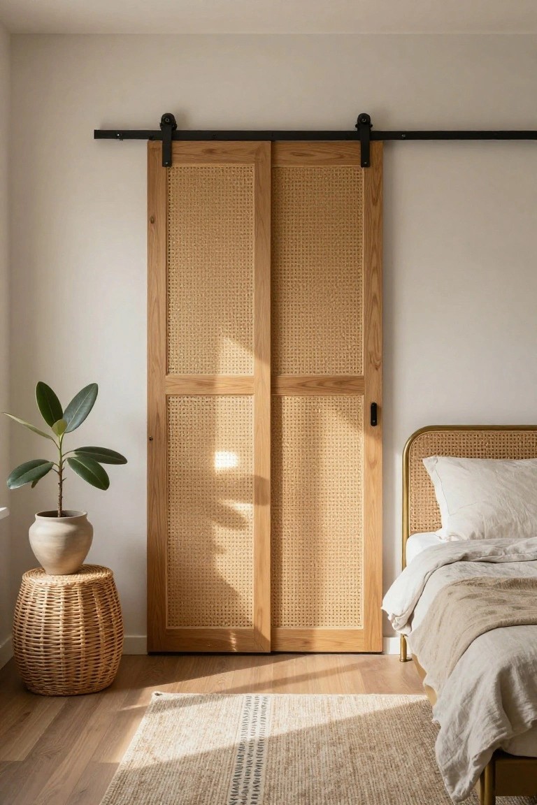 Two light wood sliding doors with woven cane panels mounted on a black track in a bedroom, next to a potted plant on a woven stool and part of a bed with white bedding.