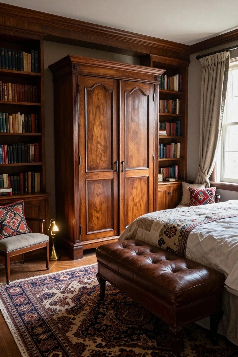 A bedroom featuring a large wooden double-door wardrobe integrated with surrounding bookshelves, a bed with patterned bedding, and a leather bench at the foot.