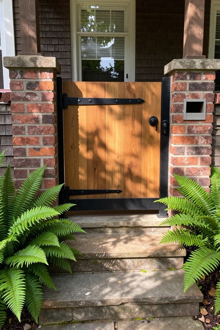 Wooden gate with black hinges between brick pillars, ferns beside stone steps