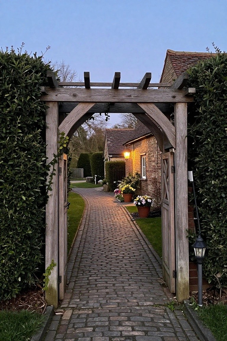Wooden arch with open gates over cobblestone path to illuminated brick cottage