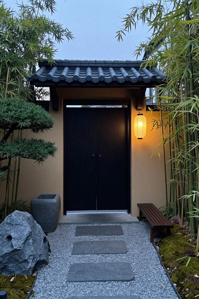 A dark wooden double gate under a tiled roof with a gravel path of stepping stones leading to it, flanked by bamboo and a stone lantern.