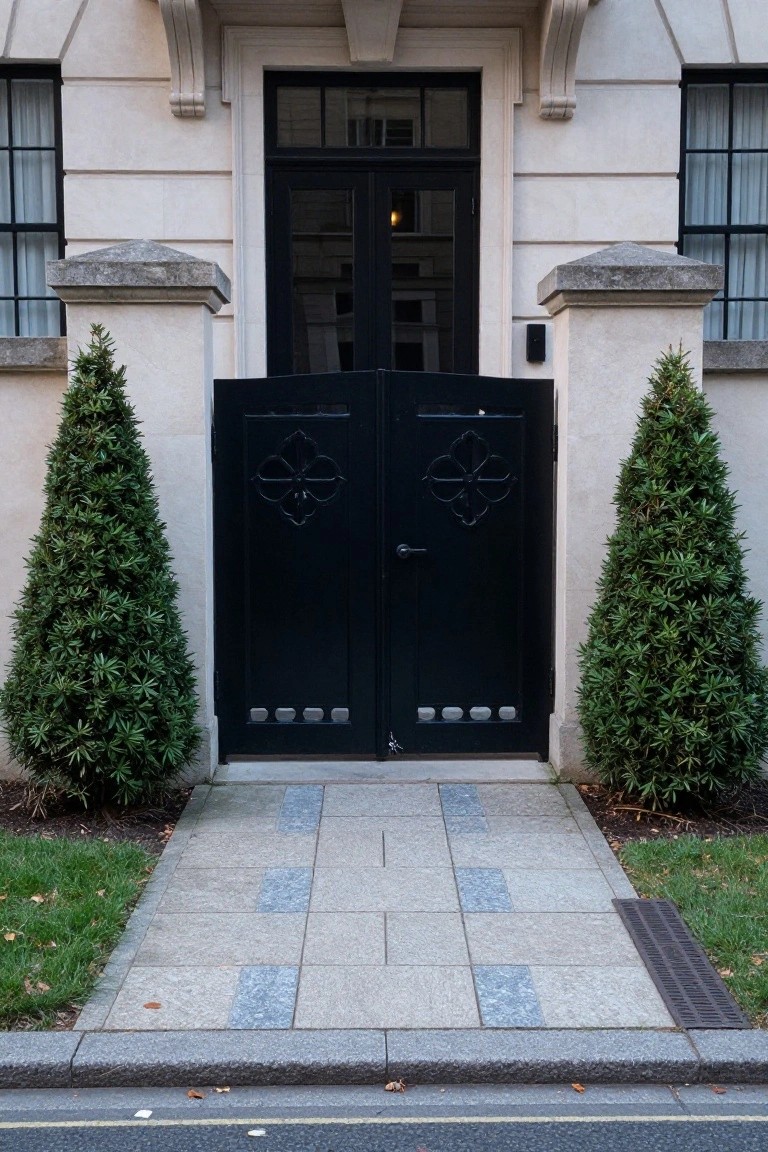 A black wooden double gate with cutout designs stands open between two stone pillars, flanked by tall shrubs on a paved walkway leading to a building entrance.