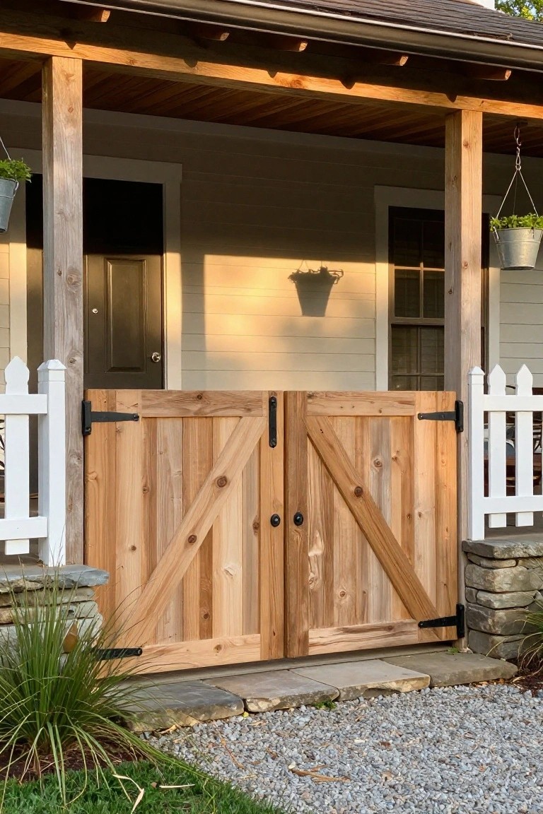 A wooden double gate with X bracing stands open in front of a house porch.