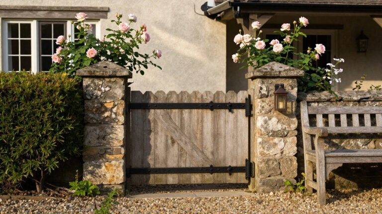 A wooden gate with black metal hinges stands open between two stone pillars beside a house, with a climbing rose bush on the left and a wooden bench on the right.