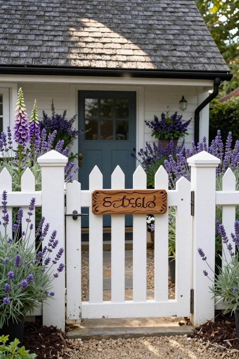 A white picket fence gate with a wooden sign displaying 