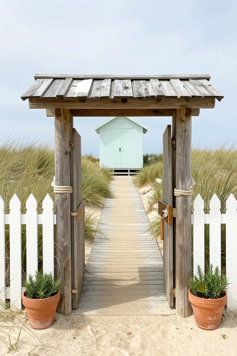 Open wooden gate with white fences and potted plants frames boardwalk to mint-green beach house