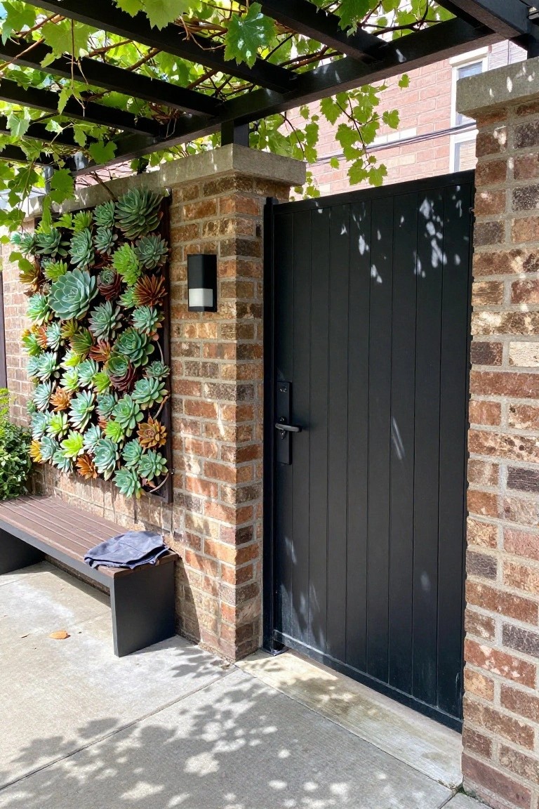 A black vertical plank wooden gate set between brick pillars, with a succulent living wall on the left and a vine-covered pergola overhead.