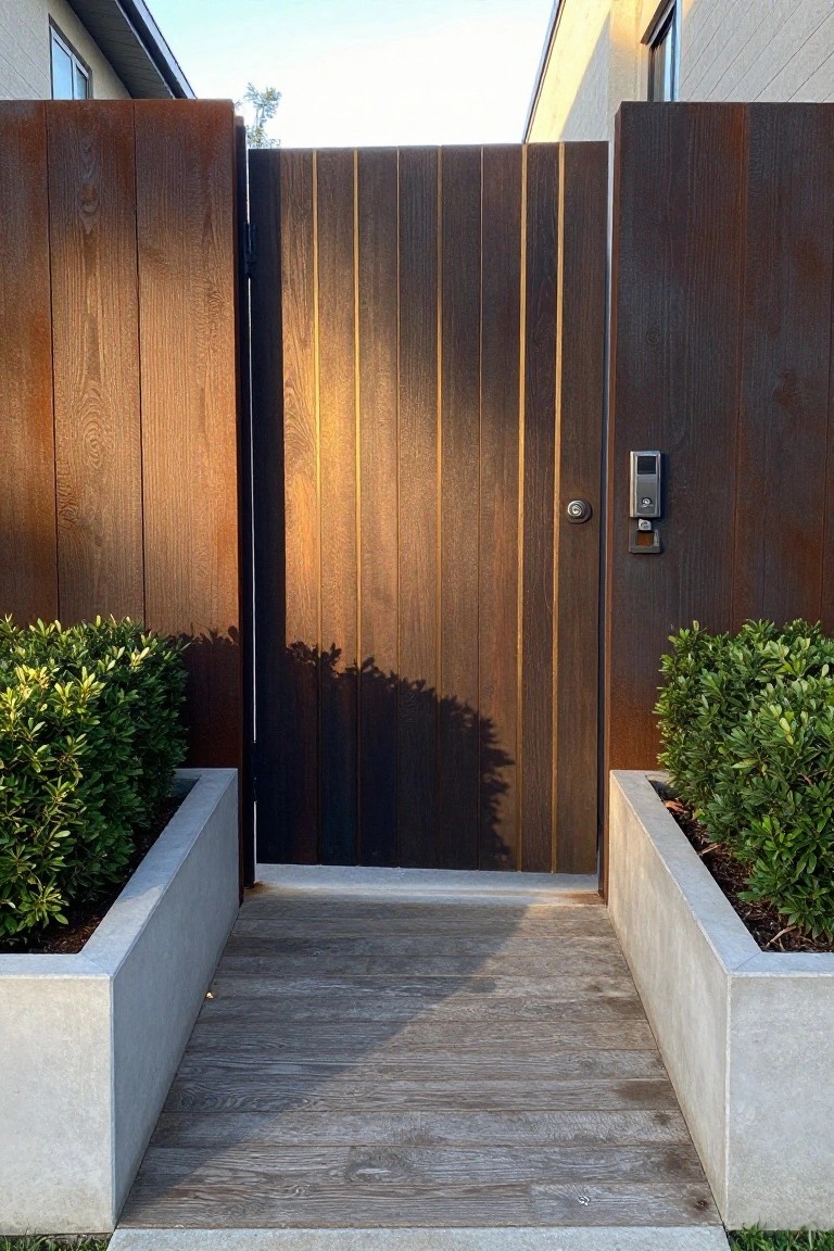 A modern wooden gate with vertical dark planks and thin gold lines stands between matching fence panels, with concrete planters holding green shrubs on both sides of a wood-look concrete path.