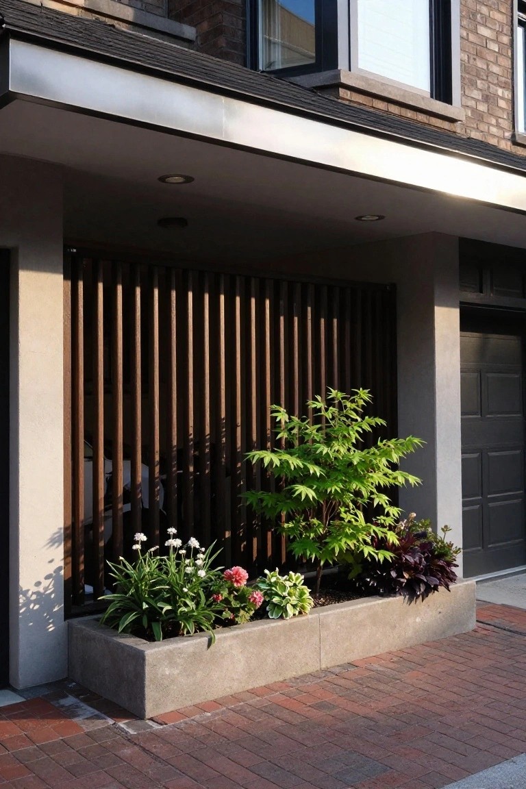 A house entrance with vertical wooden slats, a concrete planter holding green and flowering plants, and a brick driveway.