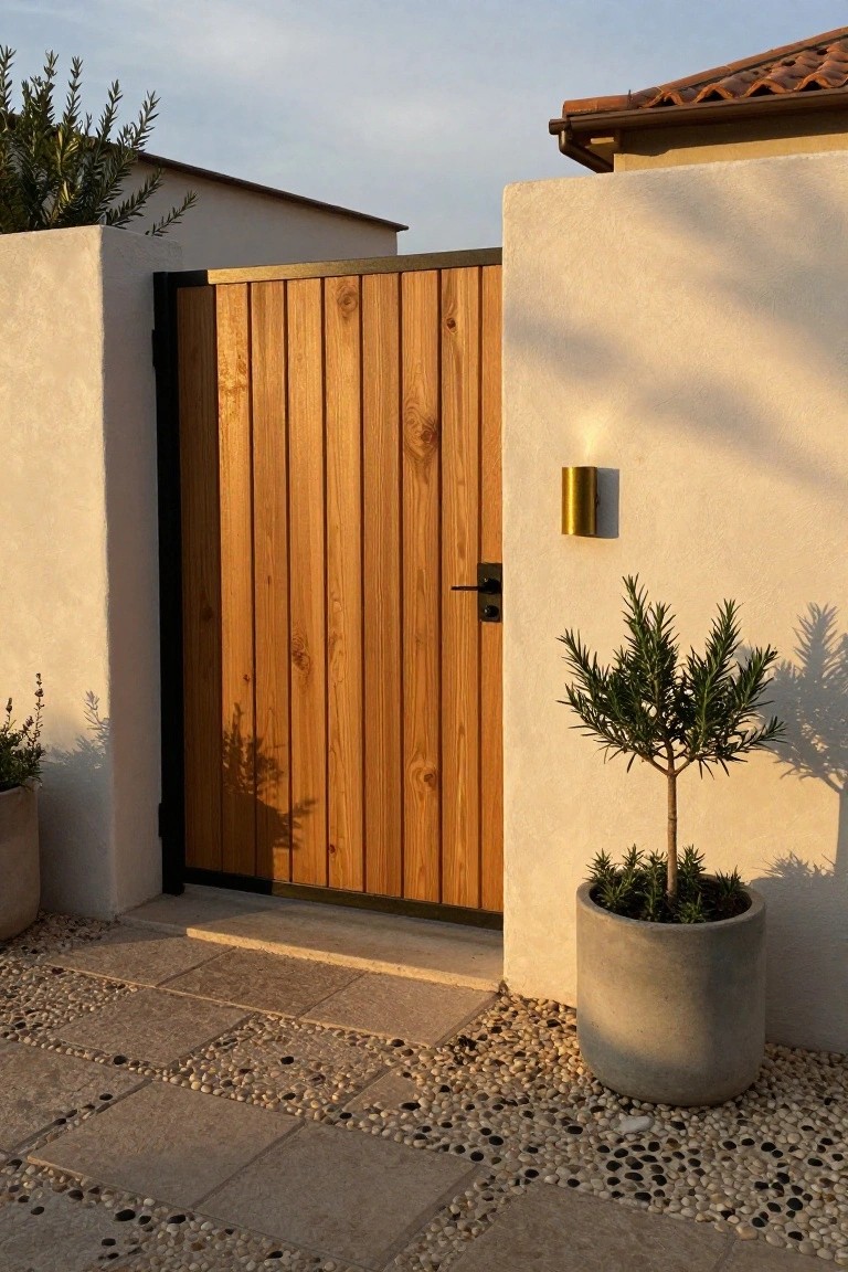 A vertical slat wooden gate set into a white stucco wall beside a concrete planter holding a small tree.