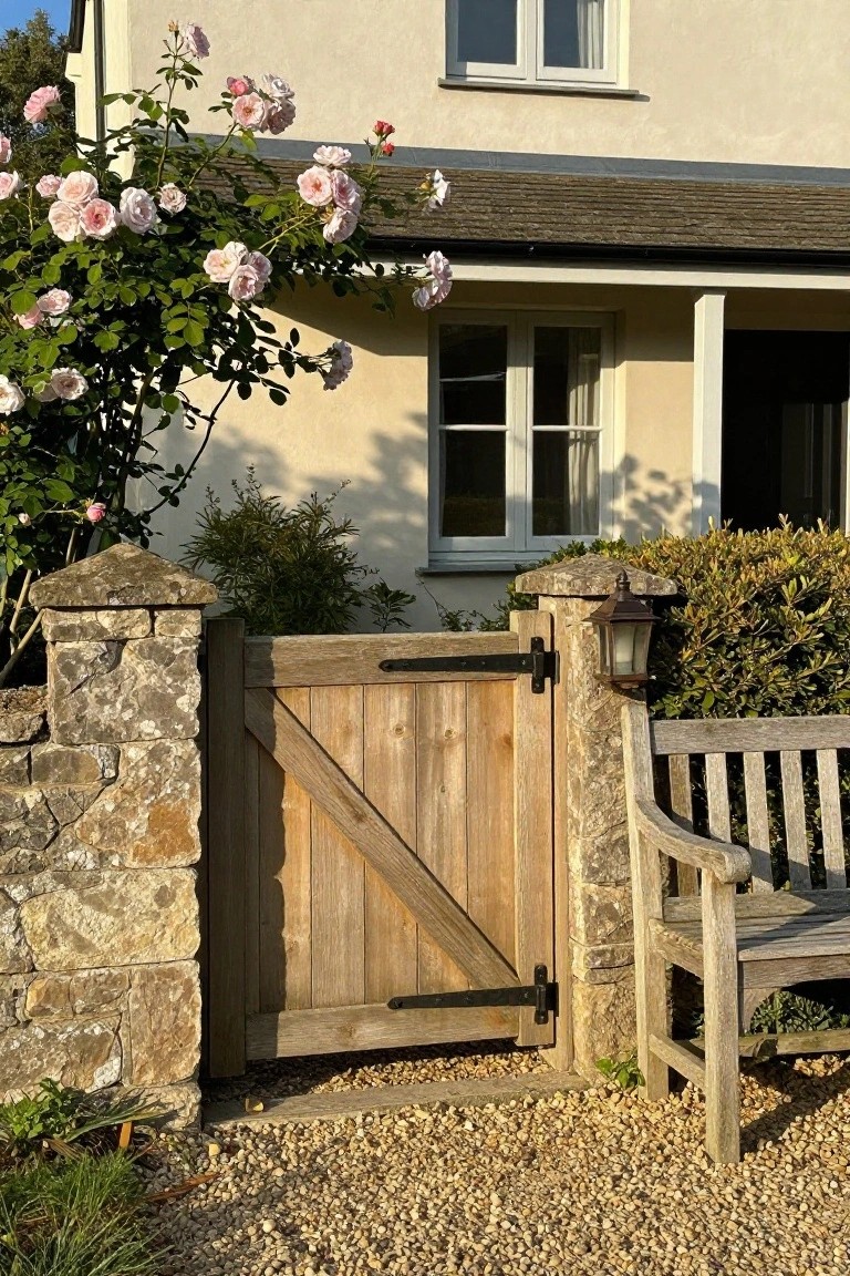 A wooden gate with black metal hinges stands open between two stone pillars beside a house, with a climbing rose bush on the left and a wooden bench on the right.