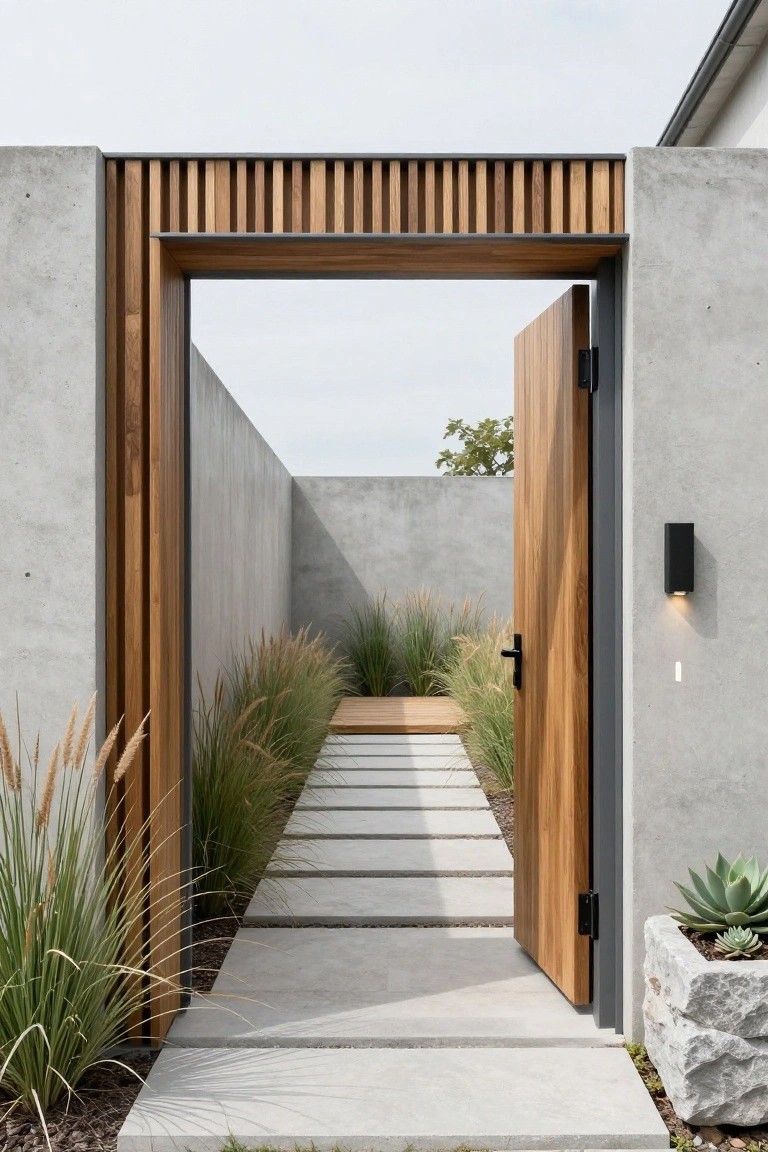 A wooden gate stands open within a concrete wall topped by vertical wood slats, with a stone path and grasses visible beyond.