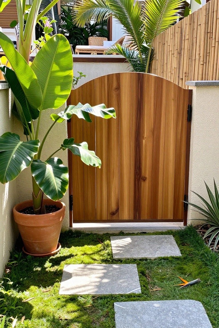 A wooden gate with vertical planks and an arched top is set between two walls, with a large potted plant on the left and gray stepping stones on mossy ground in front.