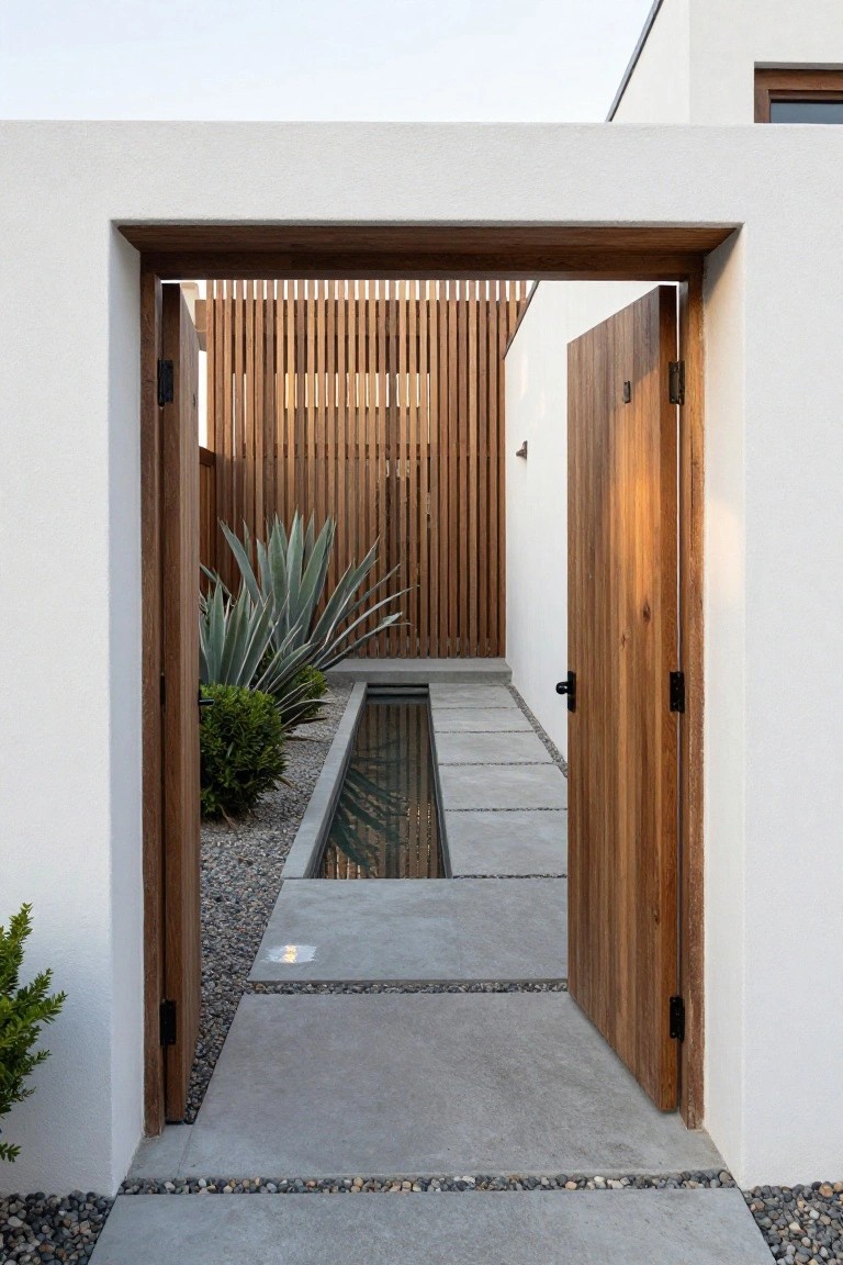 Open wooden gates frame a concrete pathway leading past a narrow water feature toward a slatted wood screen and plants.