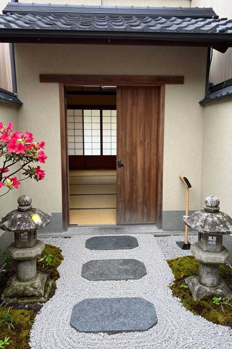 A wooden sliding door partially open at a house entrance with stone lanterns and a gravel path with stepping stones.