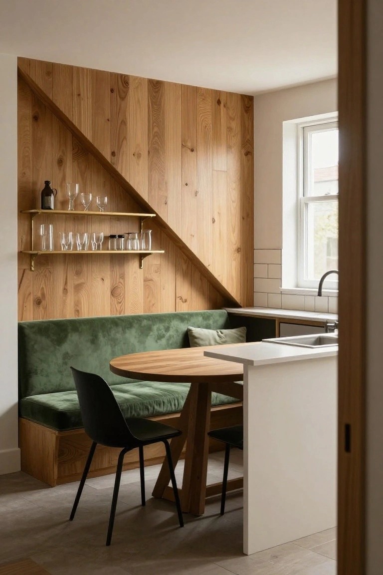 A kitchen dining nook with an angled wood accent wall under a staircase, green upholstered bench seating, round wooden table, and floating brass shelves.