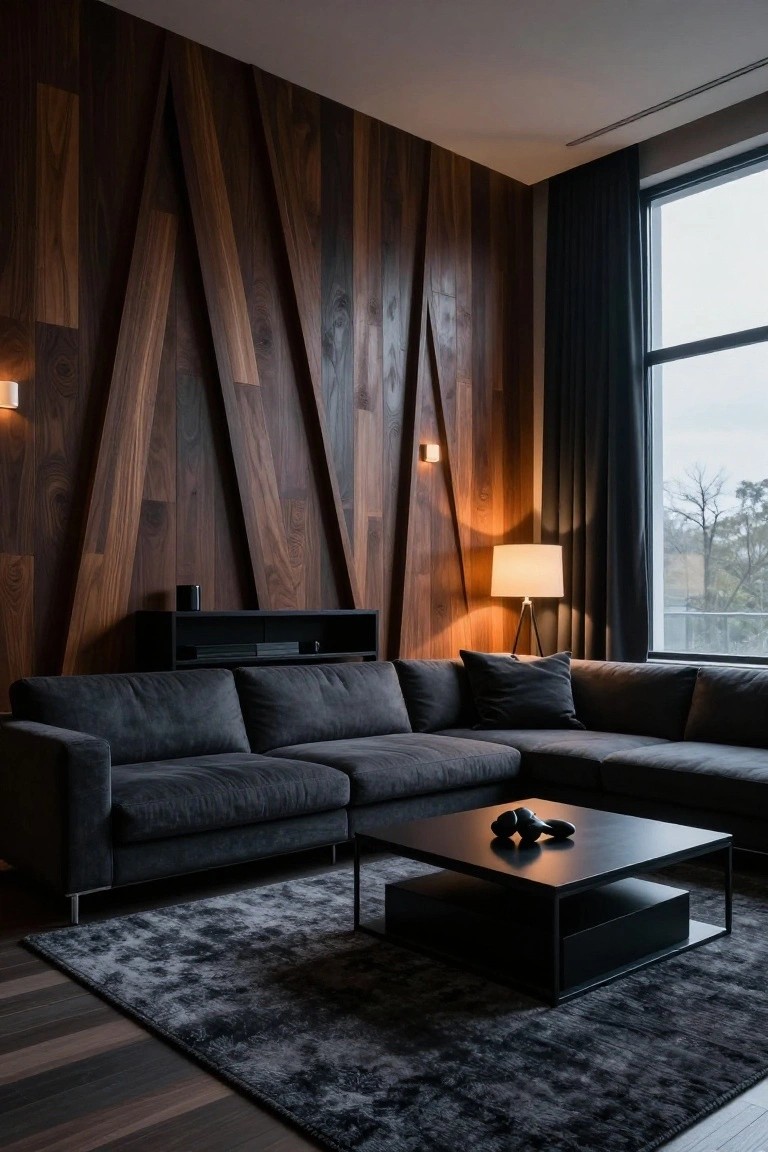 A modern living room with a large dark gray sectional sofa facing a black coffee table on a dark rug, set against a wall covered in dark wood panels arranged in sharp angled geometric patterns with two small wall sconces.