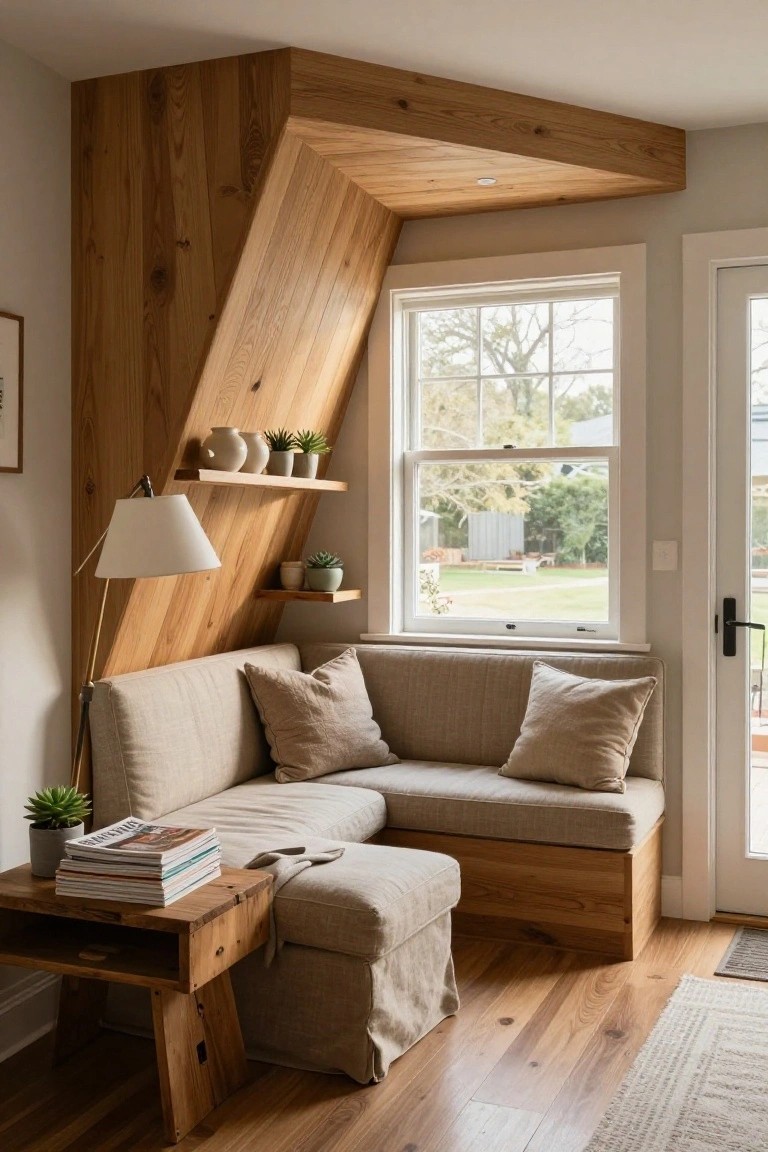 A living room corner shows an angled wood accent wall with floating shelves beside a window and a beige L-shaped sofa with an ottoman.