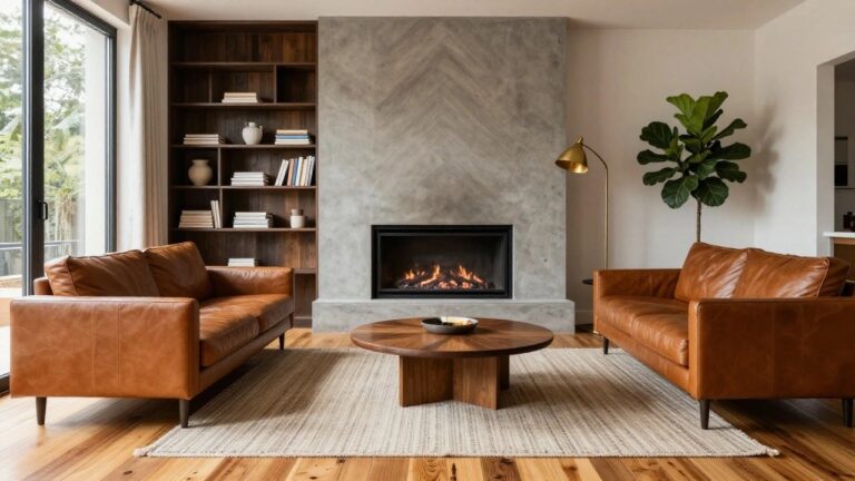 19 Bold Geometric Wood Accent Wall Ideas Using Angled and Herringbone Patterns A living room with a large herringbone wood accent wall above a concrete fireplace surround, flanked by built-in shelves and brown leather sofas.