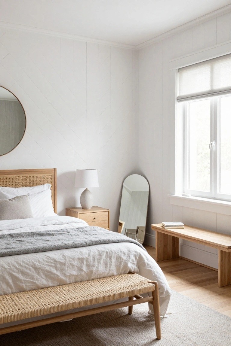 Minimalist bedroom with white linens, wooden bed, woven bench, and arched floor mirror