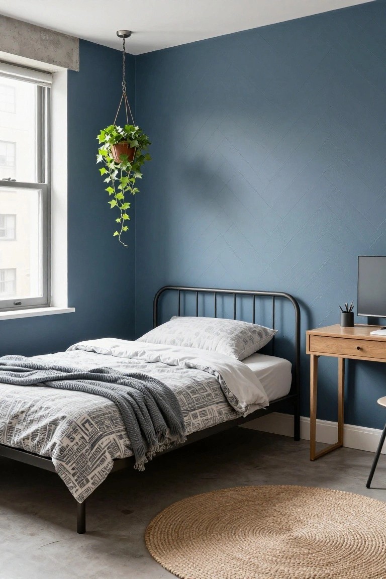 A bedroom interior showing a blue herringbone patterned wood accent wall behind a black metal bed with rumpled bedding, a hanging plant, a window, and a wooden desk with a monitor.