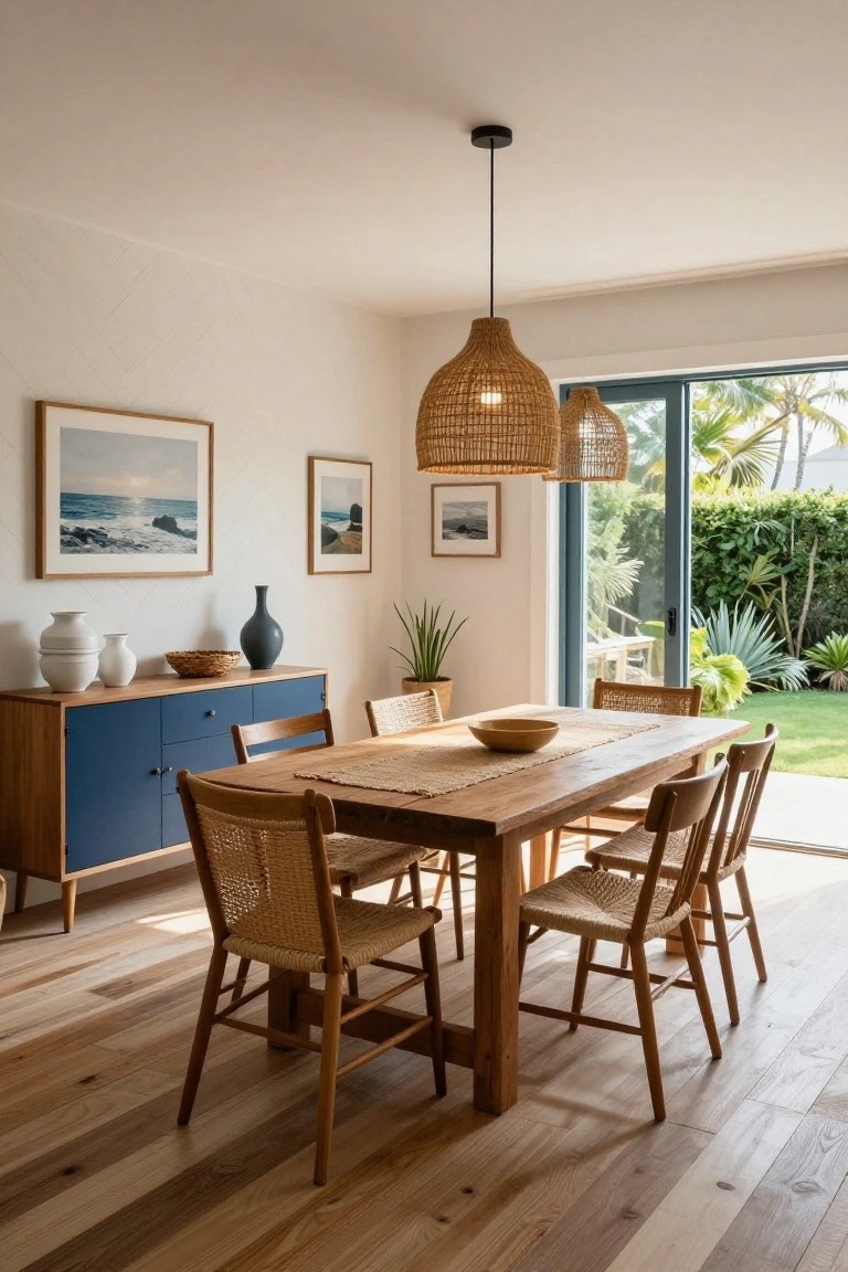 A dining room with a light wall showing a herringbone pattern, a wooden table, woven chairs, and a blue sideboard along one side.