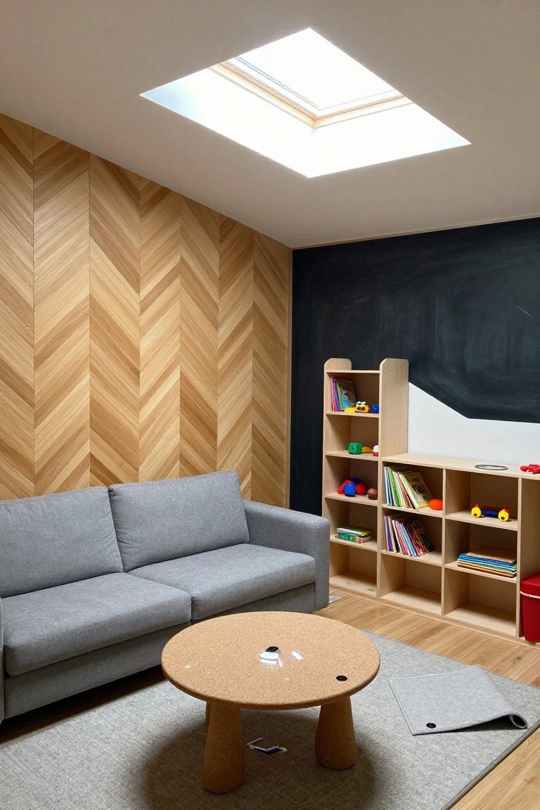 A room interior with a light wood herringbone accent wall, gray sofa, round cork table, wooden cubby shelves, and a skylight overhead.