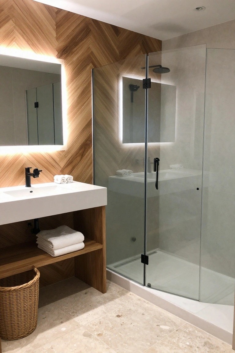 A modern bathroom featuring a herringbone wood accent wall behind a white floating sink and a glass shower enclosure.