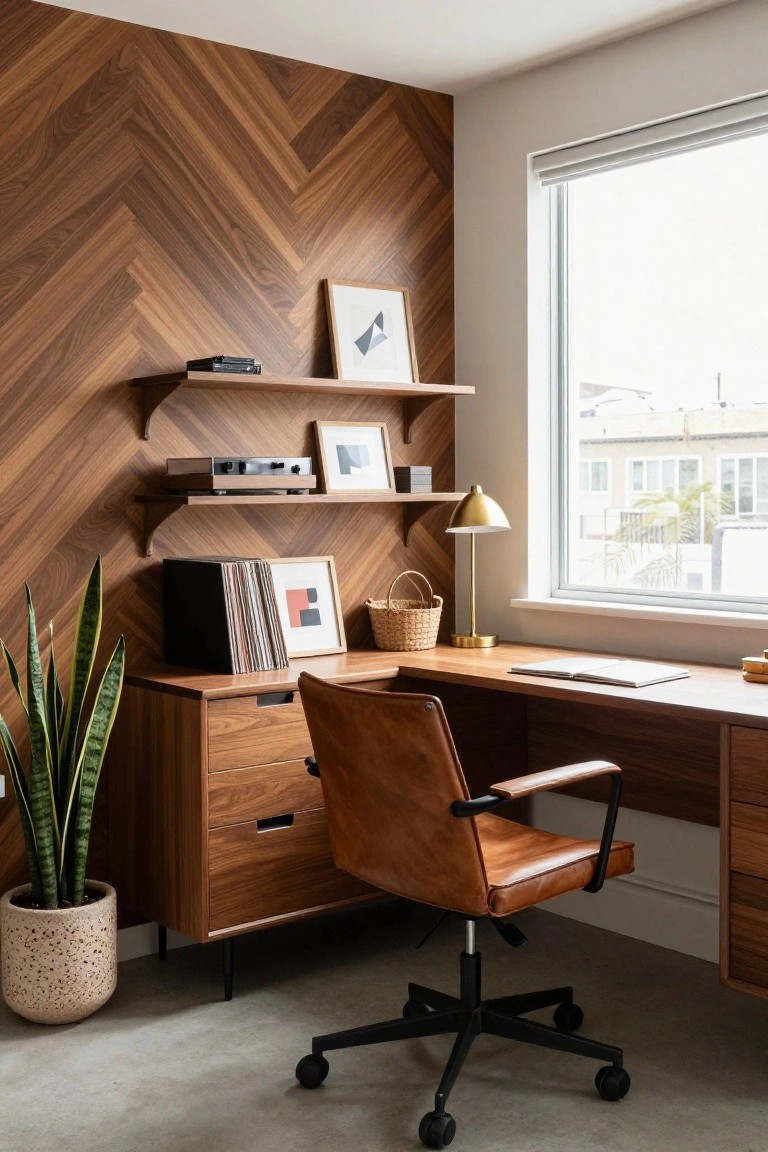 A home office features a large herringbone wood accent wall behind a wooden desk with floating shelves, a brown leather office chair, and a potted snake plant near a window.