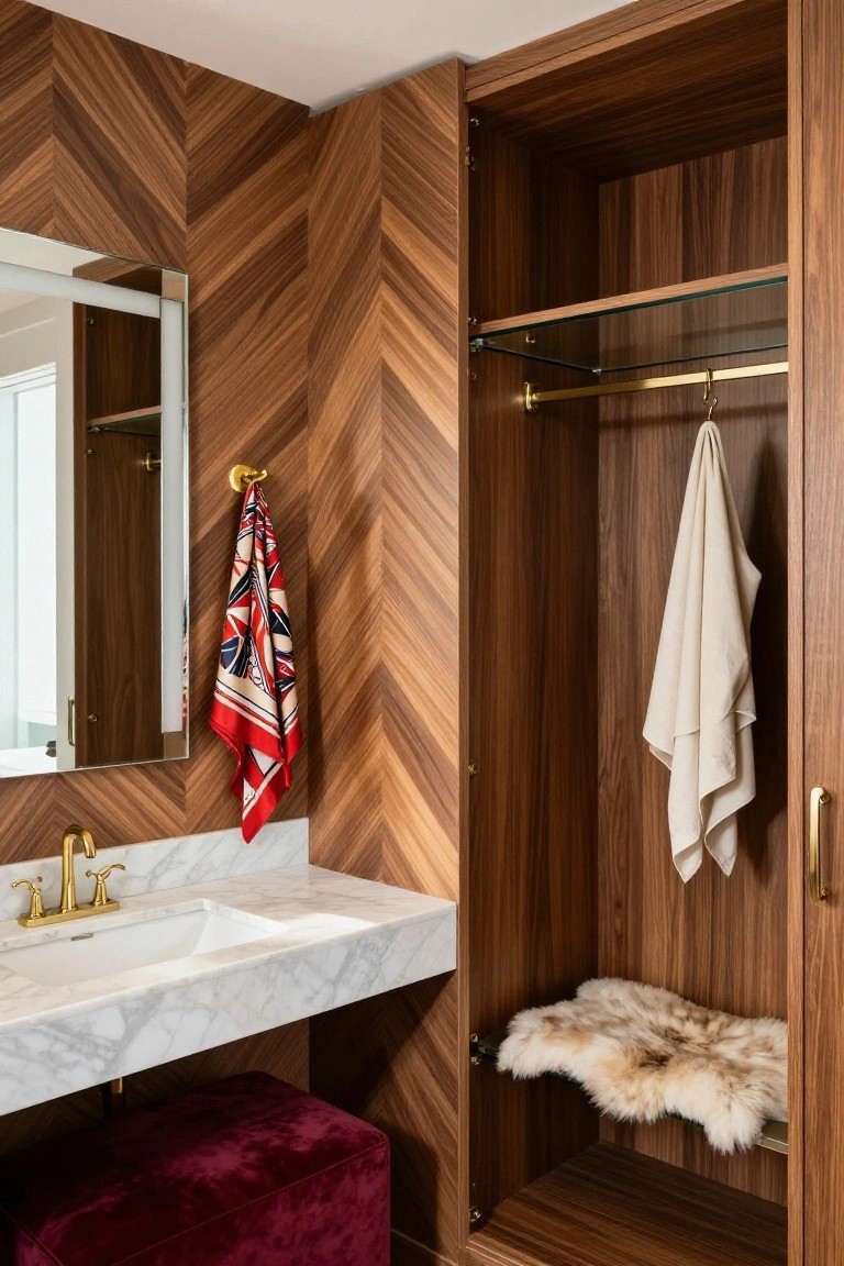 Bathroom interior showing a herringbone wood accent wall beside a marble sink and an open wood closet with a hanging towel and fur mat on a lower shelf.