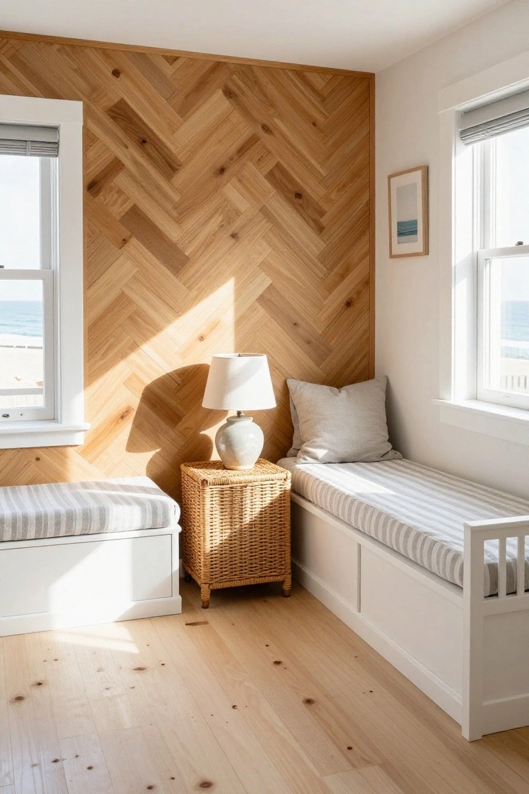 Interior room with herringbone wood accent wall, two white built-in benches with striped cushions, wicker side table holding a lamp, and ocean views through the windows.