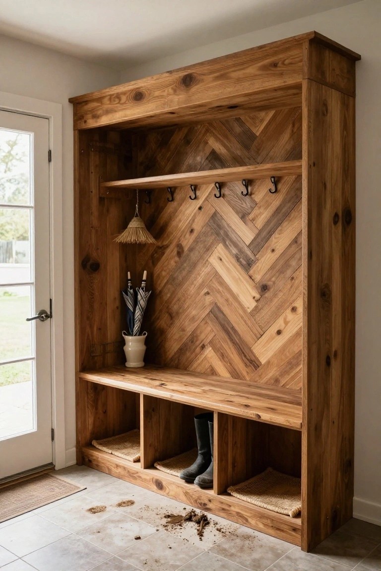 A large wooden built-in unit in an entryway features a herringbone wood accent wall, a bench with open cubbies holding boots and woven mats, metal hooks above the bench, and an umbrella in a vase.