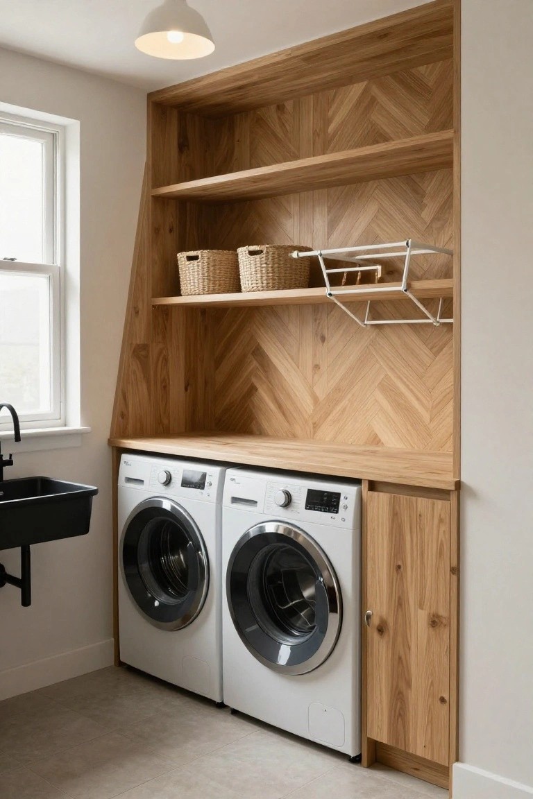 Laundry room corner with two white front-loading washers beneath a light wood countertop, herringbone wood accent wall, open shelves holding baskets, and a small cabinet to the right.