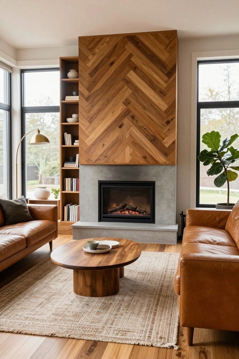 A living room with a large herringbone wood accent wall above a concrete fireplace surround, flanked by built-in shelves and brown leather sofas.