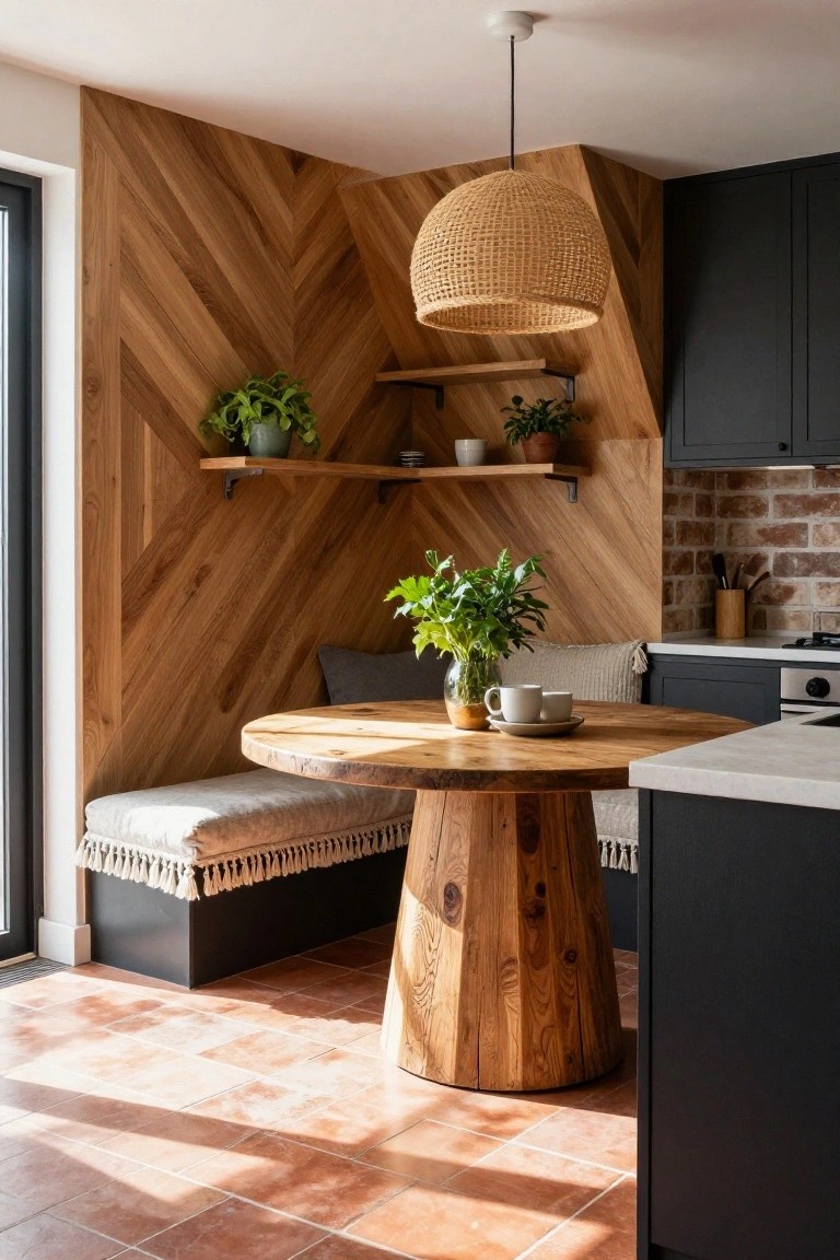 Kitchen corner featuring a herringbone wood accent wall with built-in bench seating, floating shelves, and a round wooden dining table.