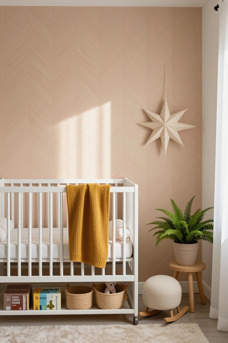 A white crib with a mustard throw stands against a light wood herringbone accent wall in a nursery room, with a potted fern and paper star decoration visible.