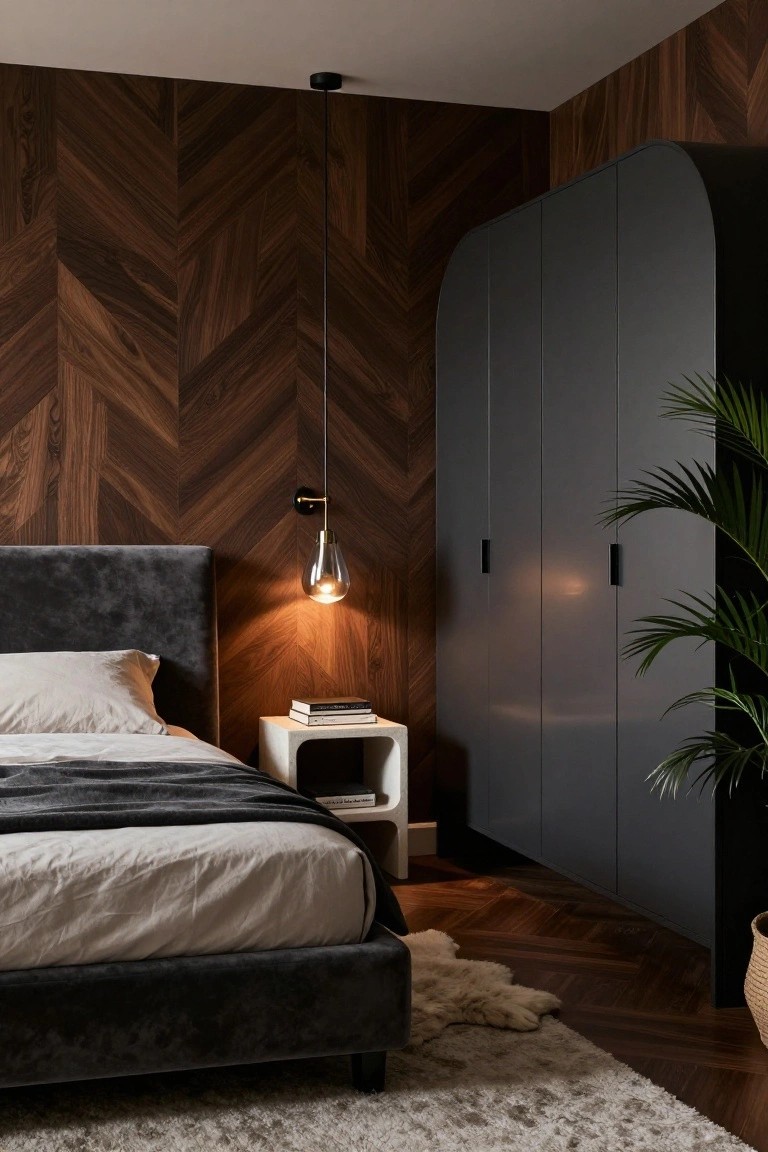 A bedroom with a dark herringbone wood accent wall, gray bed, pendant light, and tall dark wardrobe.