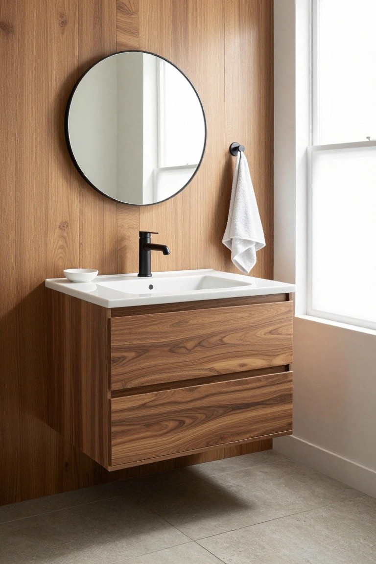 A bathroom with a floating walnut wood vanity, white countertop, black faucet, round mirror mounted on a vertical wood plank accent wall, and a white towel hanging on a hook.