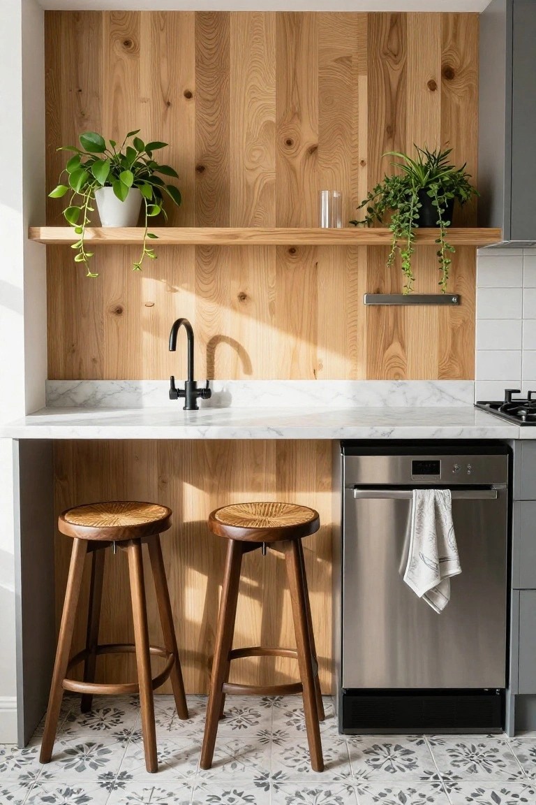 A modern kitchen with a vertical light wood plank accent wall, white marble countertop, black faucet, two wooden stools, floating wood shelf with plants, and stainless steel dishwasher.