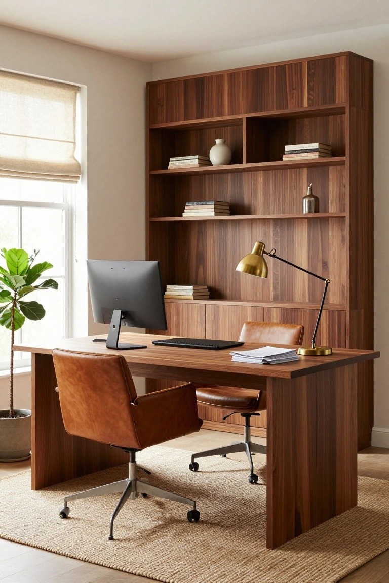 A home office featuring a large walnut built-in bookshelf and desk unit with leather chairs, a computer monitor, and a desk lamp.