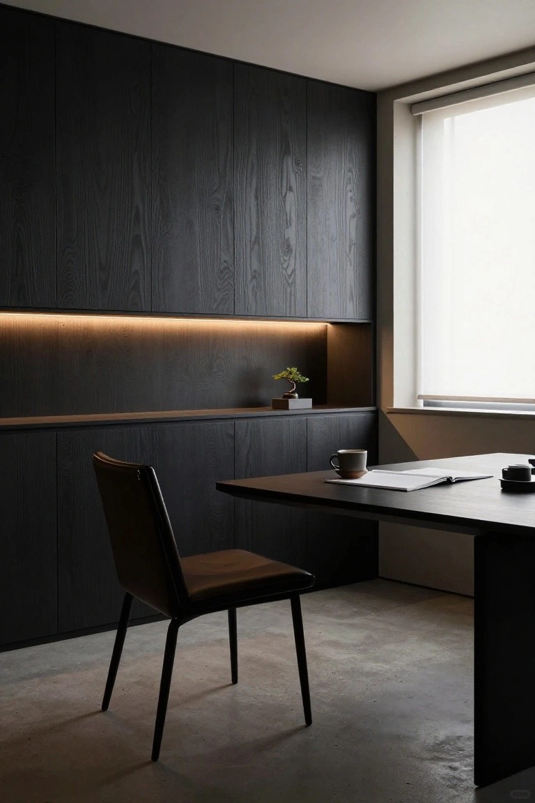 A home office with floor-to-ceiling dark wood paneling, a recessed lit shelf, a desk with an open book, and a leather chair.
