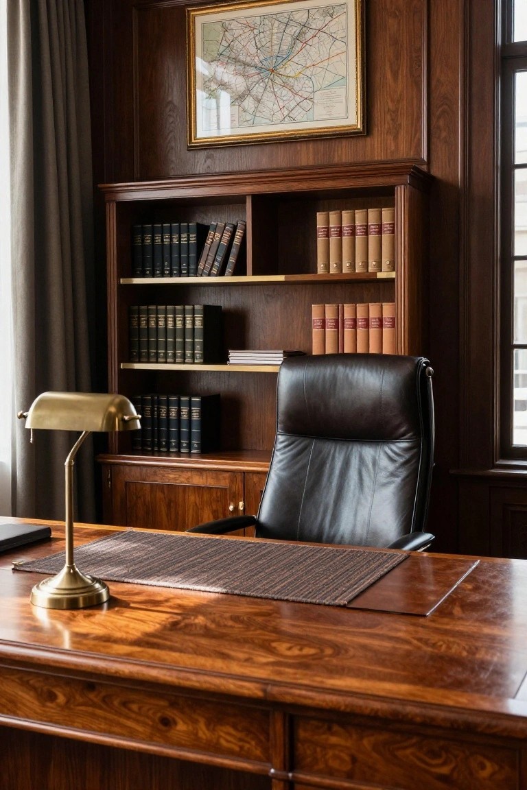 A traditional home office with dark wood paneling and built-in bookshelves behind a large wooden desk and black leather chair.
