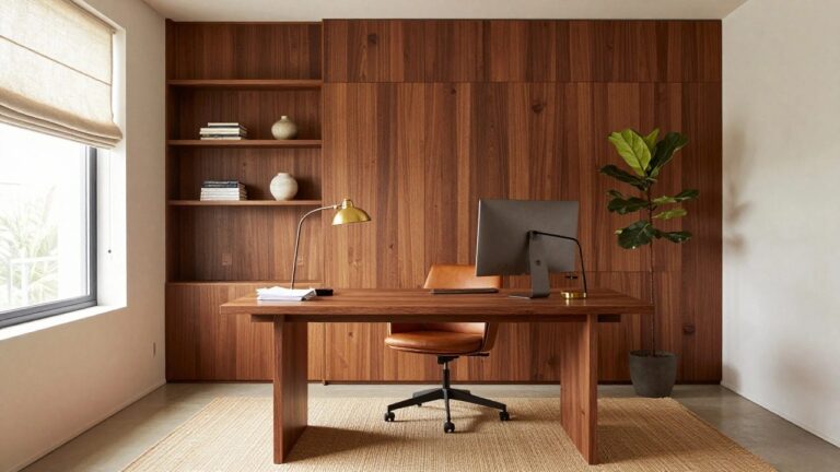 A home office featuring a large walnut built-in bookshelf and desk unit with leather chairs, a computer monitor, and a desk lamp.