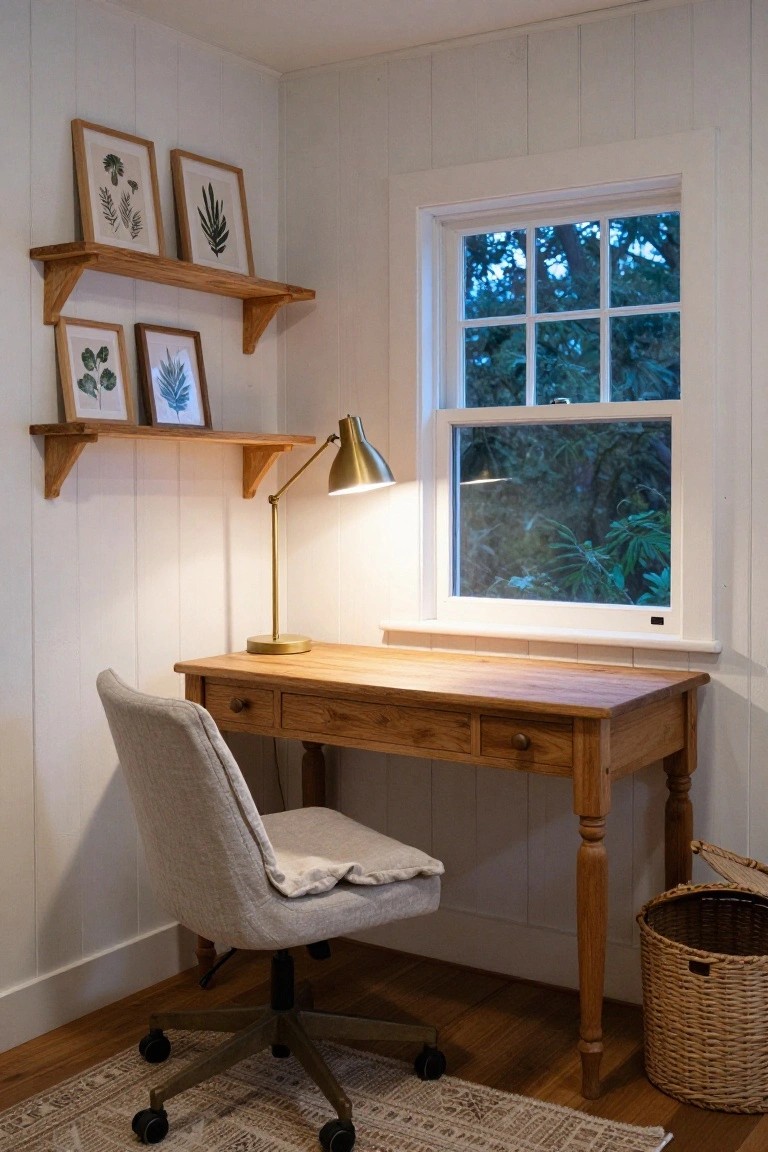 Wooden desk with brass lamp and chair under window with botanical art shelves