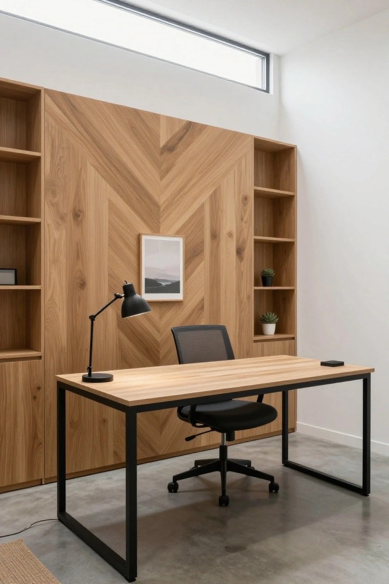A modern office with a light wood herringbone accent wall, built-in shelving on both sides, a wooden desk with black frame, black desk lamp, and black office chair.