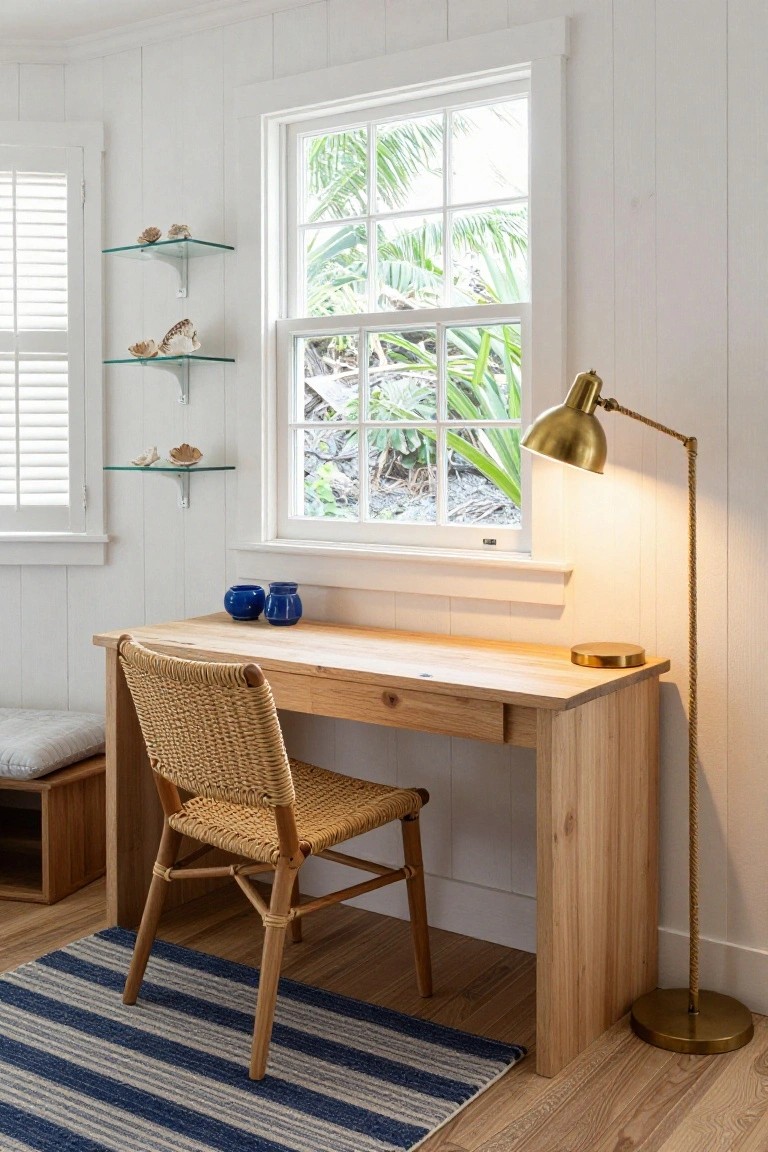 A light wood desk with a woven chair sits under a window in a white shiplap room, next to a brass floor lamp on a striped rug.