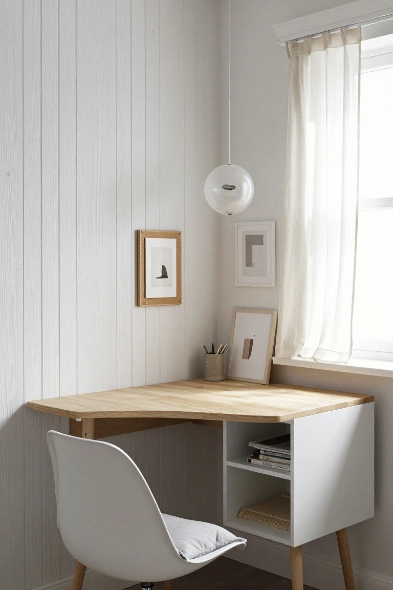 A light wood corner desk with a white molded chair sits against a white vertical shiplap wall beside a window with sheer curtains.